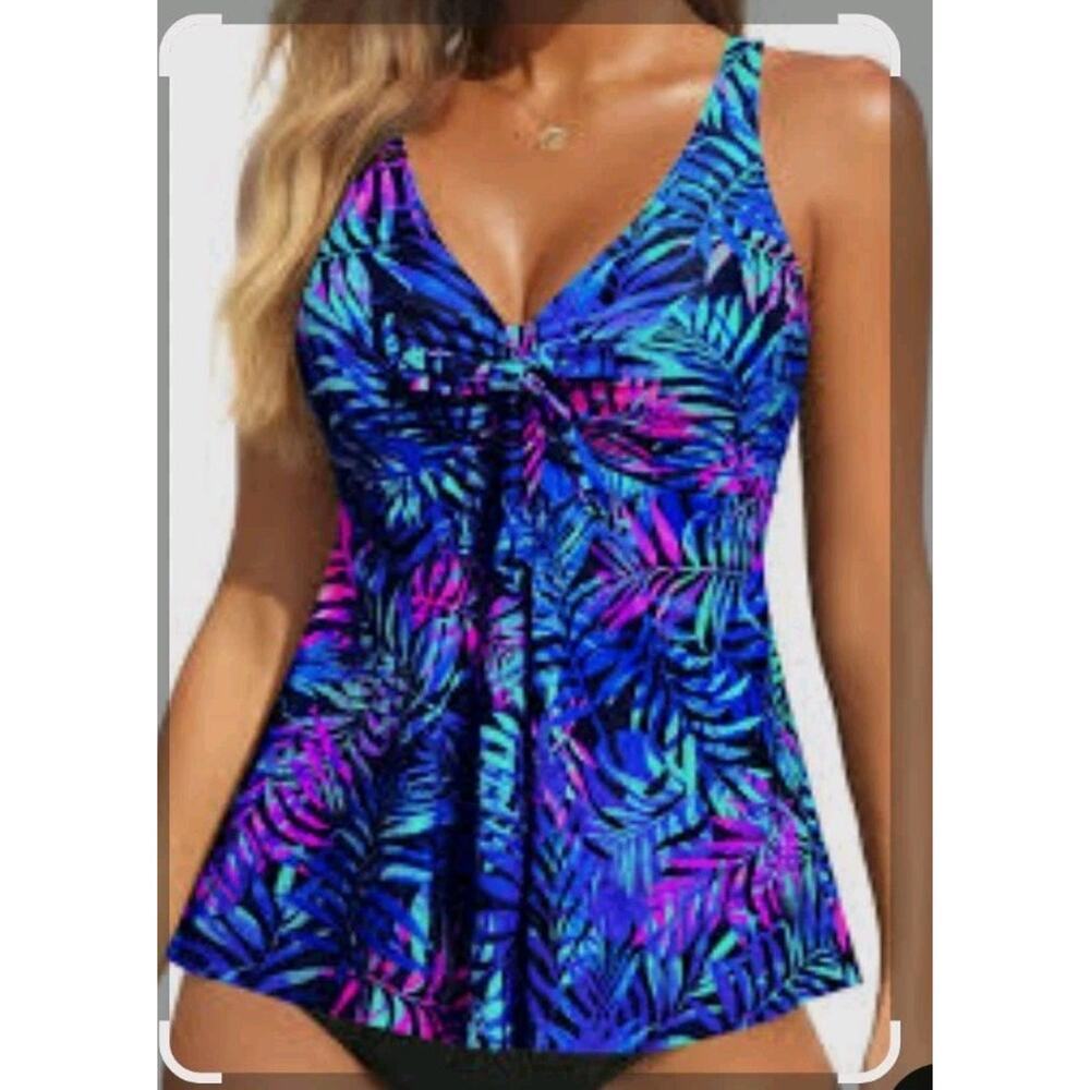 Yonique Tankini Swim Top Leaf Print Adjustable Straps Xl Blue Pink Coastal Beach